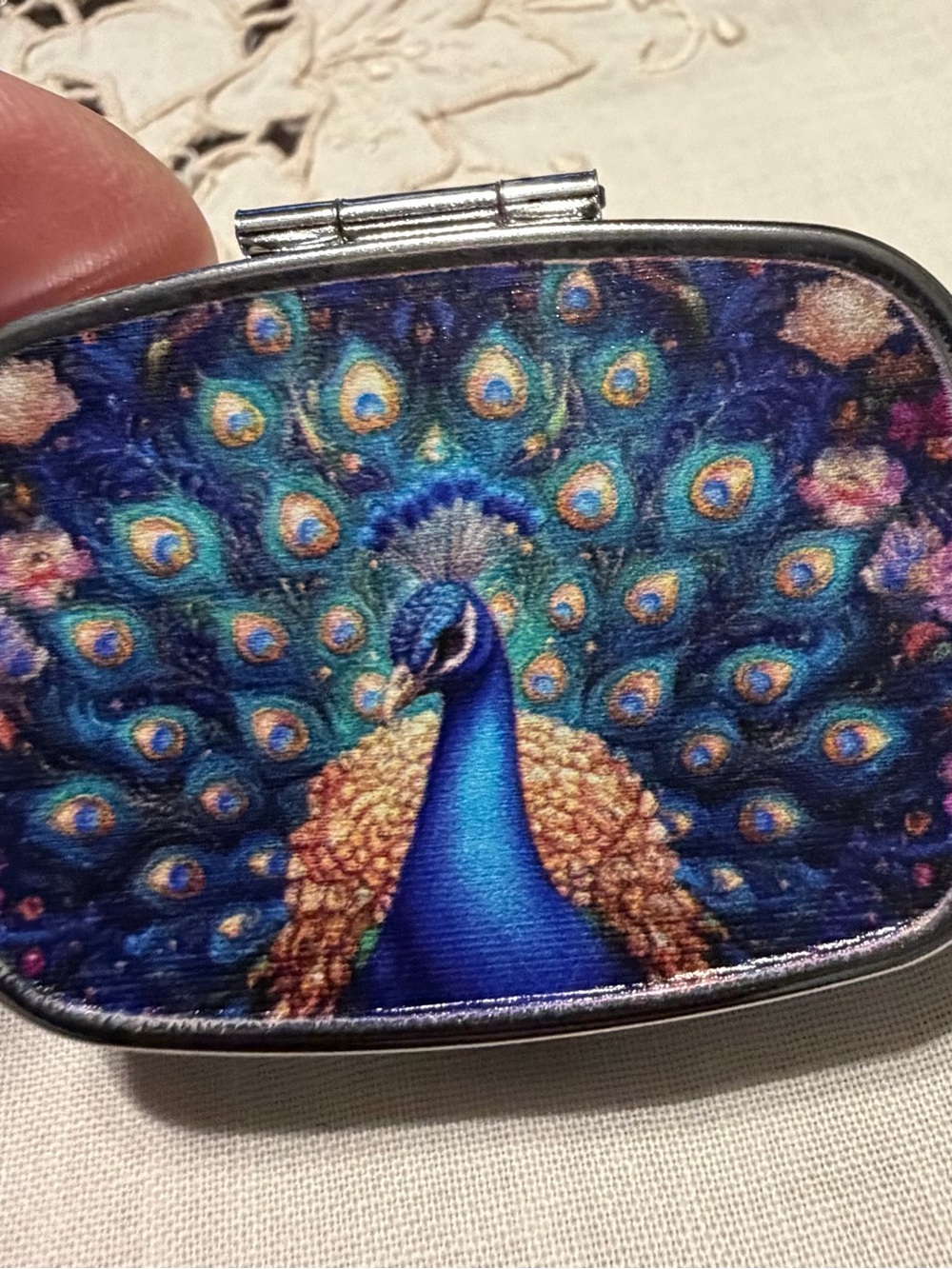 New Blue Peacock Print Pill Box